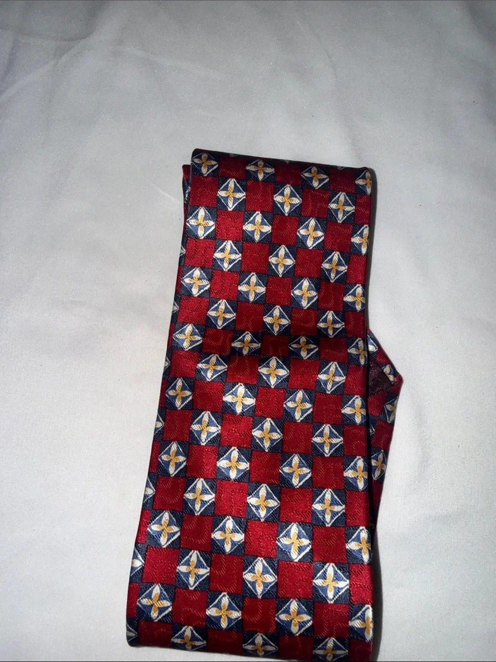 Nordstrom Red Checkered Silk Tie with Blue and Gold Motif